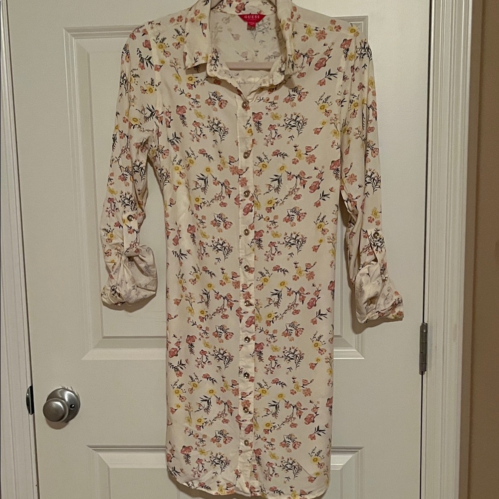 Guess Cream Floral Long Sleeve Dress